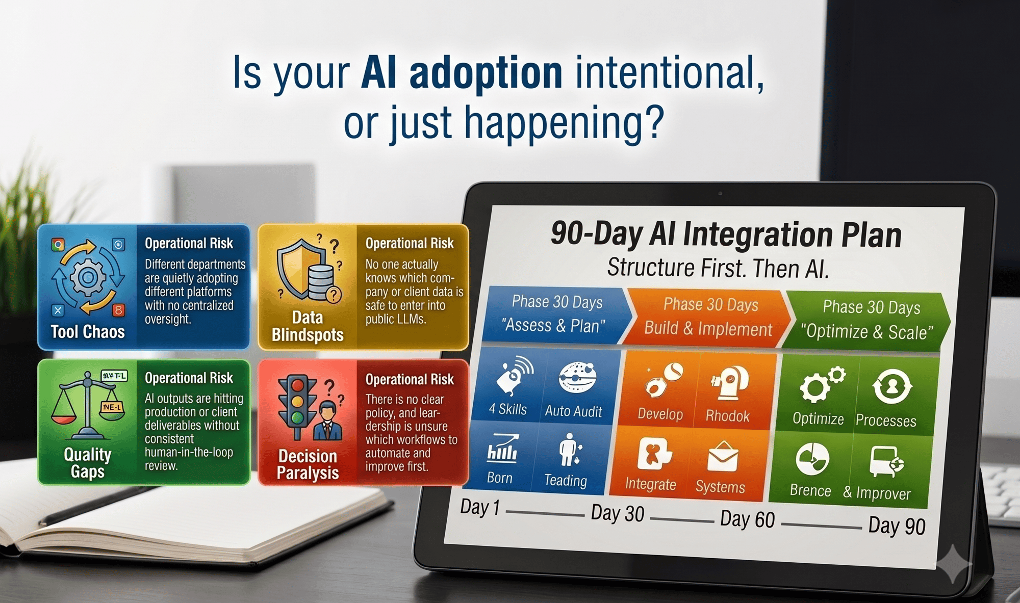 An Evalu8-Evolve business presentation mockup featuring a digital tablet displaying a "90-Day AI Integration Plan" divided into three phases: Assess & Plan, Build & Implement, and Optimize & Scale. Next to the tablet, four colored blocks outline severe operational risks of unguided AI adoption: Tool Chaos (blue), Data Blindspots (yellow), Quality Gaps (green), and Decision Paralysis (red). The top header text asks, "Is your AI adoption intentional, or just happening?